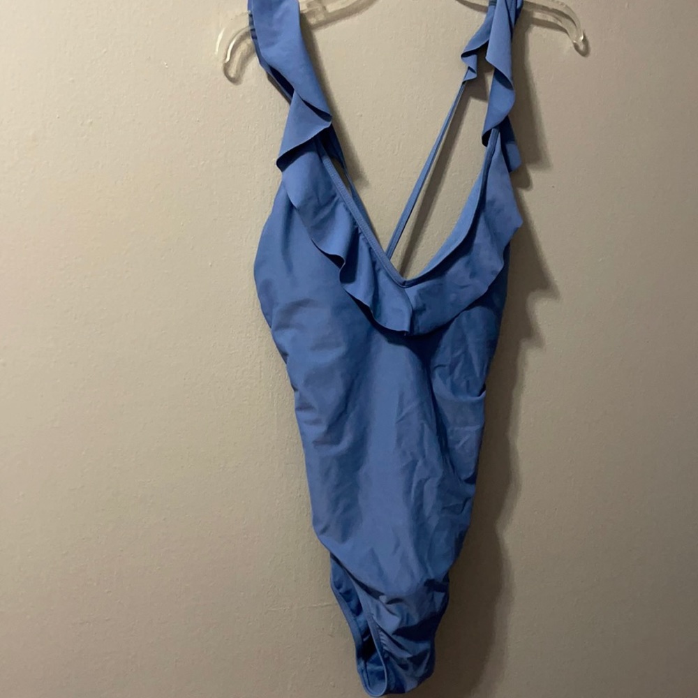 Baby blue one piece swimsuit with cross body back